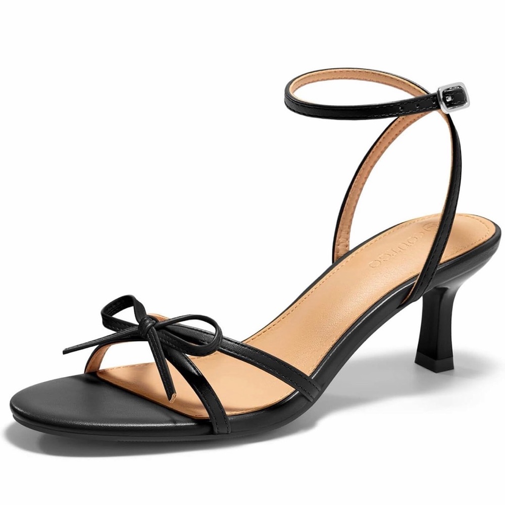 Black Bow Ankle-Strap Mid Heel Sandals